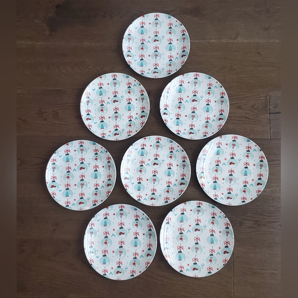 HOLIDAY PLATES 8pcs White Porcelain Teal Bauble Ornaments Red Bows Xmas Themed
